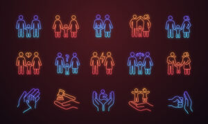 Child custody neon light icons set. LGBT families. Adoption and orphanage. Family court. Children’s rights. Glowing signs. Vector isolated illustrations