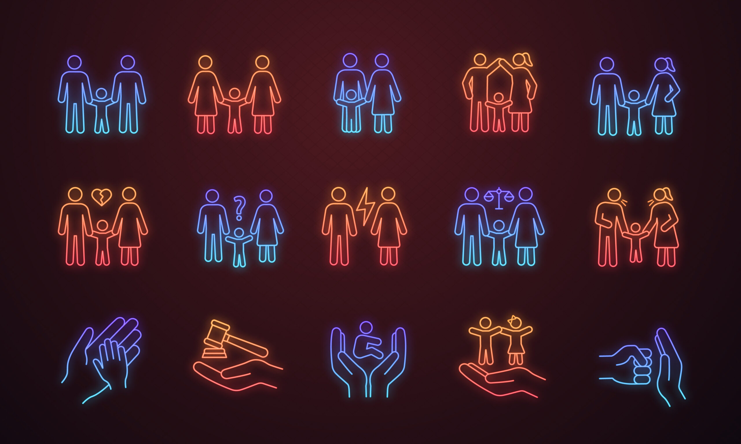 Child custody neon light icons set. LGBT families. Adoption and orphanage. Family court. Children’s rights. Glowing signs. Vector isolated illustrations
