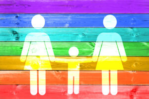 Lesbian family with child white sign on a  rainbow gay flag wood planks background